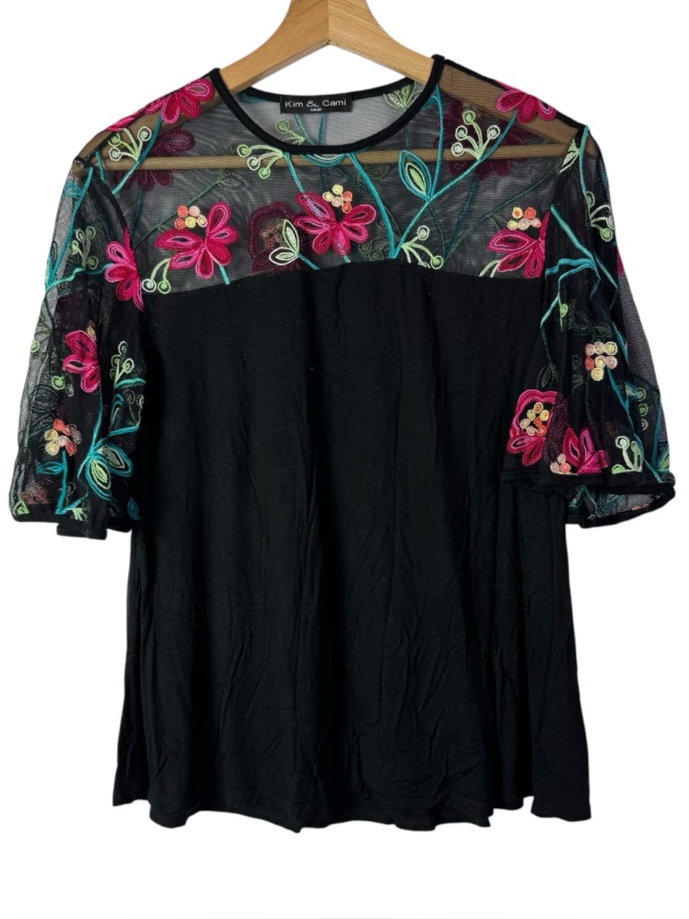 Kim & Cami Black Floral Embroidered Mesh Shoulder Short Sleeve Blouse S